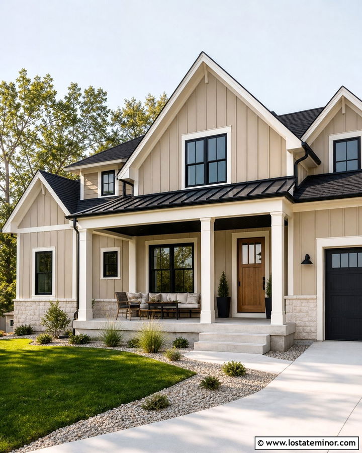 Tan Farmhouse With Black Porch Ceiling - 30 Tan House Design With Porch Ceiling Ideas