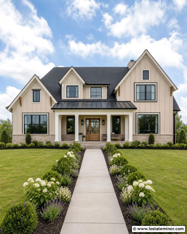 Tan Farmhouse With Black Portico - 30 Tan House Design With Portico Ideas