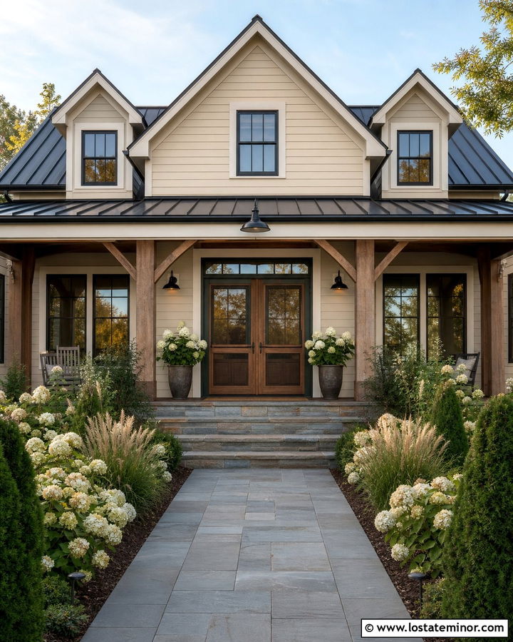 Tan Farmhouse With Double Screen Doors - 30 Tan House Design With Screen Door Ideas