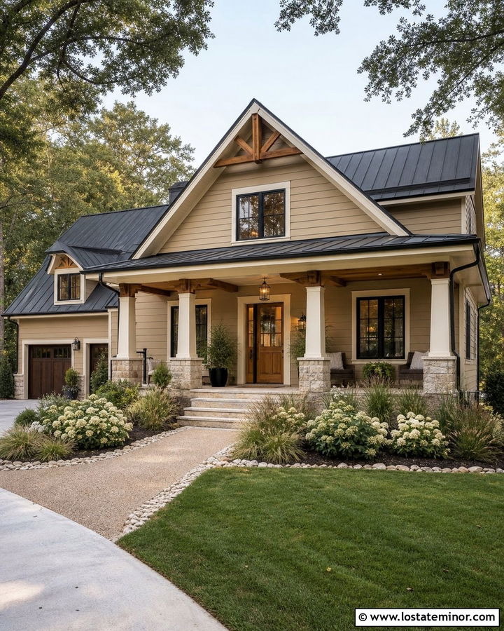 Tan Farmhouse With Exposed Beam Porch Ceiling - 30 Tan House Design With Porch Ceiling Ideas