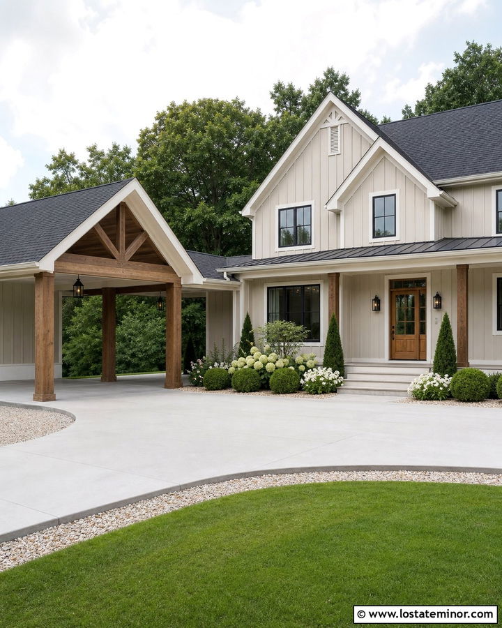 Tan Farmhouse With Gable Carport - 30 Tan House Design With Carport Ideas