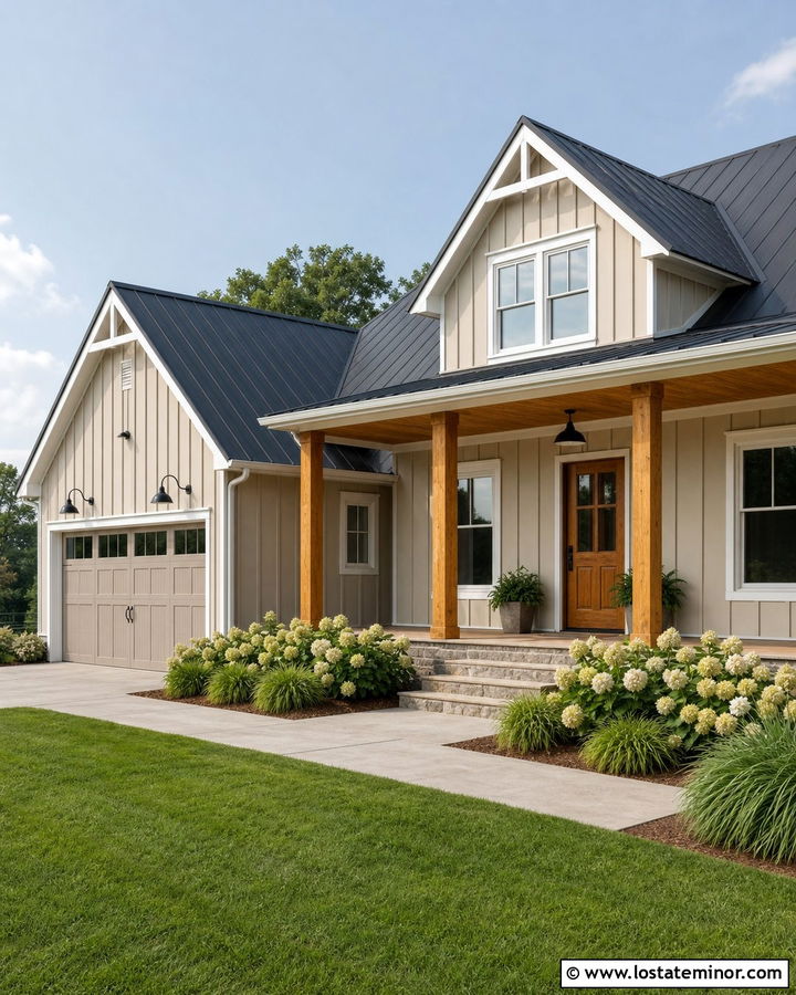 Tan Farmhouse With Gooseneck Lights - 30 Tan House Design With Lighting Ideas