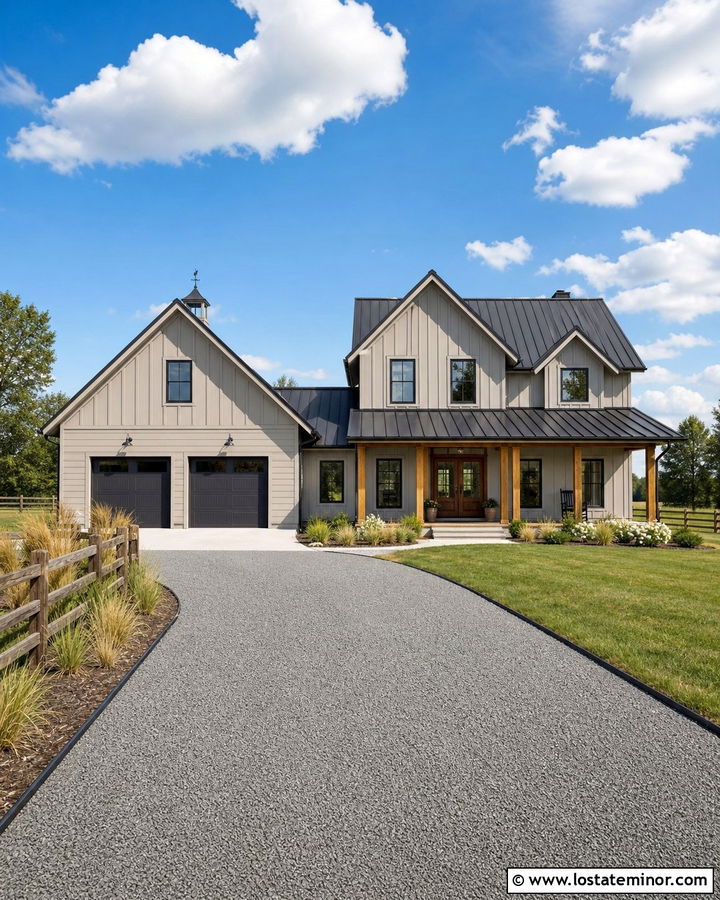 Tan Farmhouse With Gravel Driveway - 30 Tan House Design With Driveway Ideas