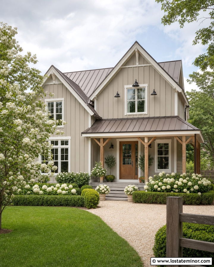 Tan Farmhouse With Hydrangea Landscaping - 30 Tan House Design With Landscaping Ideas