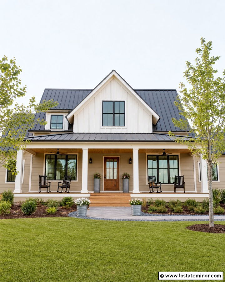 Tan Farmhouse With Metal Roof Porch - 30 Tan House Design With Front Porch Ideas