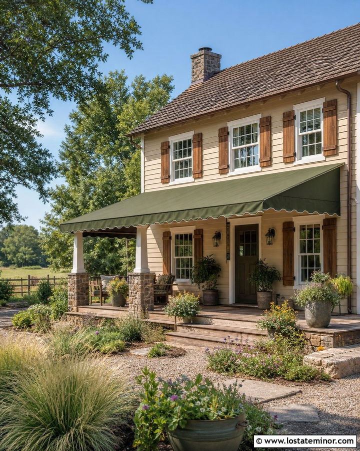 Tan Farmhouse With Olive Green Awning - 30 Tan House Design With Awning Ideas