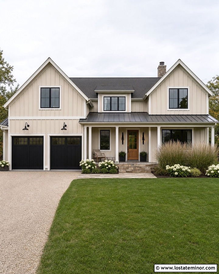 Tan Farmhouse With Oversized Black Lights - 30 Tan House Design With Light Fixtures Ideas