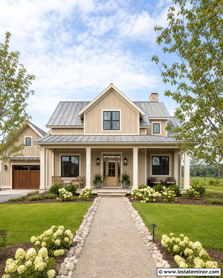 Tan Farmhouse With Sandstone Storm Door - 30 Tan House Design With Storm Door Ideas
