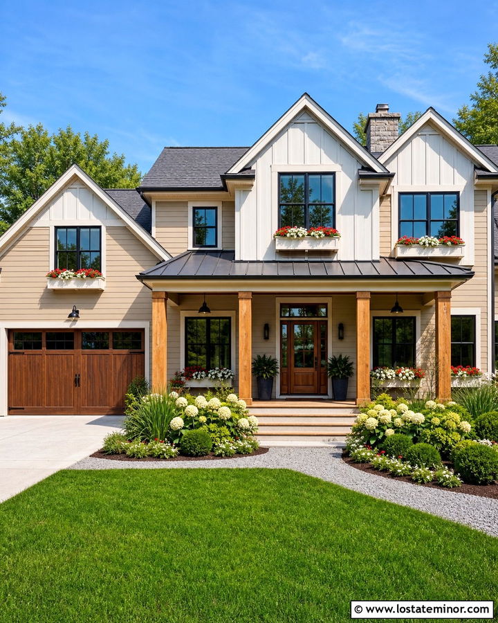 Tan Farmhouse With White Board Window Boxes - 30 Tan House Design With Window Boxes Ideas