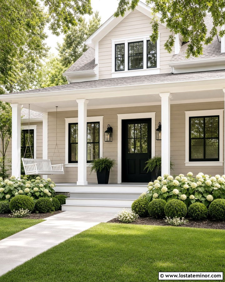 Tan Farmhouse With White Porch Swing - 30 Tan House Design With Swing Ideas
