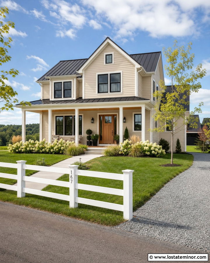 Tan Farmhouse With White Rail Fence - 30 Tan House Design With Fence Ideas