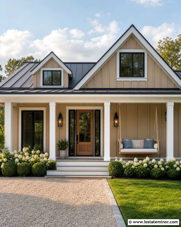 Tan Farmhouse With White Swinging Daybed - 30 Tan House Design With Daybed Ideas