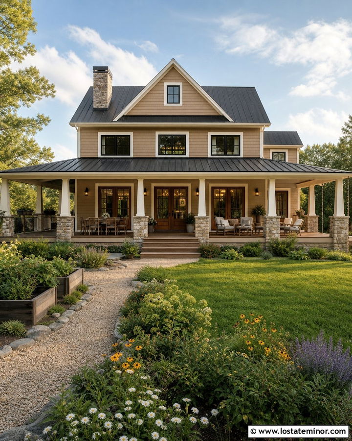 Tan Farmhouse With Wraparound Back Porch - 30 Tan House Design With Backyard Ideas