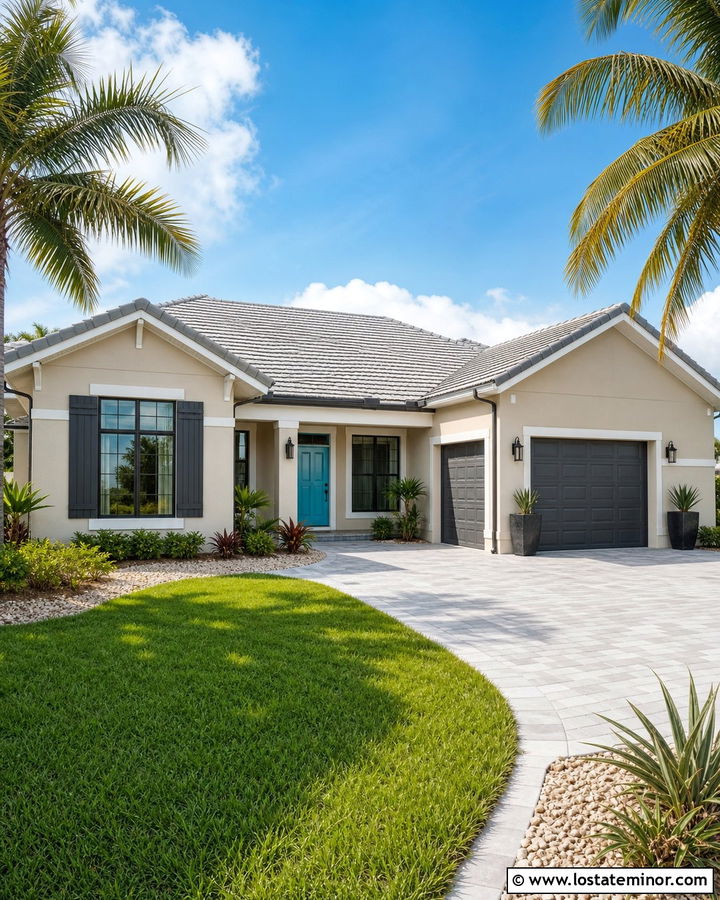 Tan Florida House With Iron Gray Bahama Shutters - 30 Tan House Design With Shutters Ideas