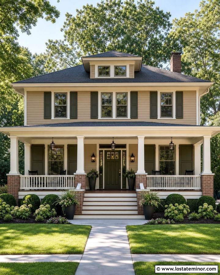 Tan Foursquare House With Full Front Porch - 30 Tan House Design With Front Porch Ideas