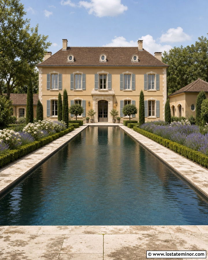 Tan French Country House With Formal Pool - 30 Tan House Design With Swimming Pool Ideas