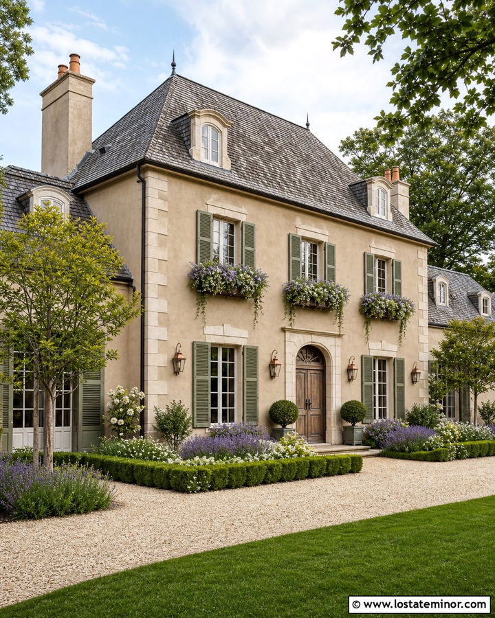 Tan French Country House With Green Window Boxes - 30 Tan House Design With Window Boxes Ideas