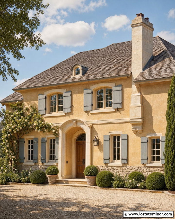 Tan French Country House With Limestone Chimney - 30 Tan House Design With Chimney Ideas