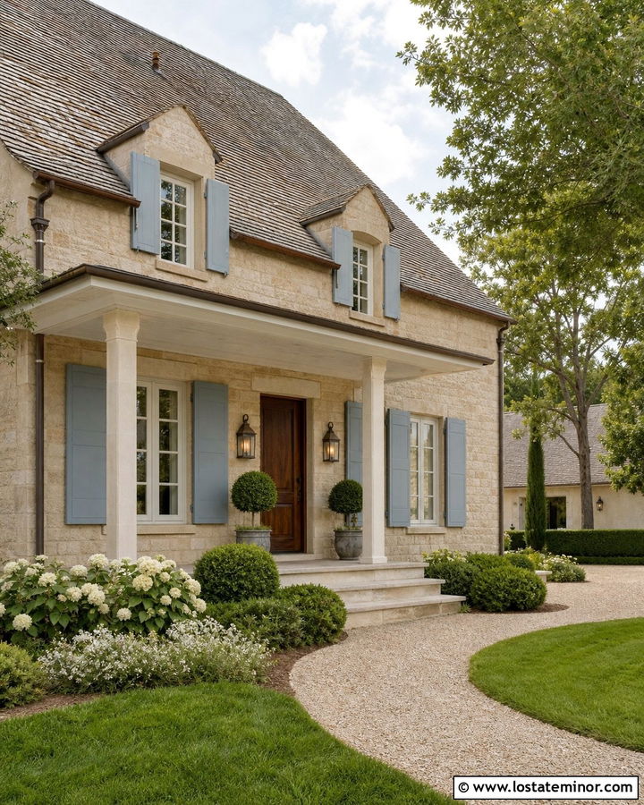 Tan French Country House With Limewashed Wood Ceiling - 30 Tan House Design With Porch Ceiling Ideas