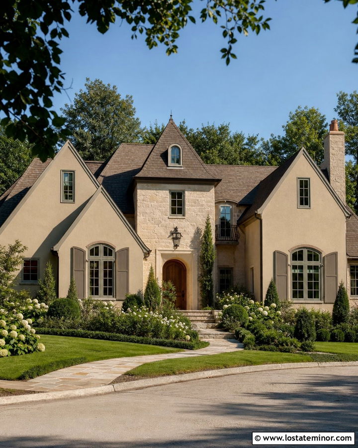 Tan French Country House With Stone Facade - 30 Tan House Design With Stone Accents Ideas