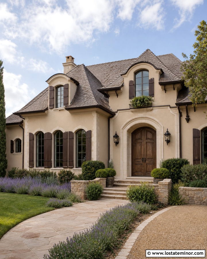 Tan French Country House With Walnut Shutters - 30 Tan House Design With Shutters Ideas