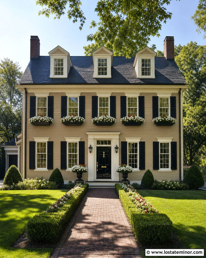 Tan Georgian House With Black Window Boxes - 30 Tan House Design With Window Boxes Ideas
