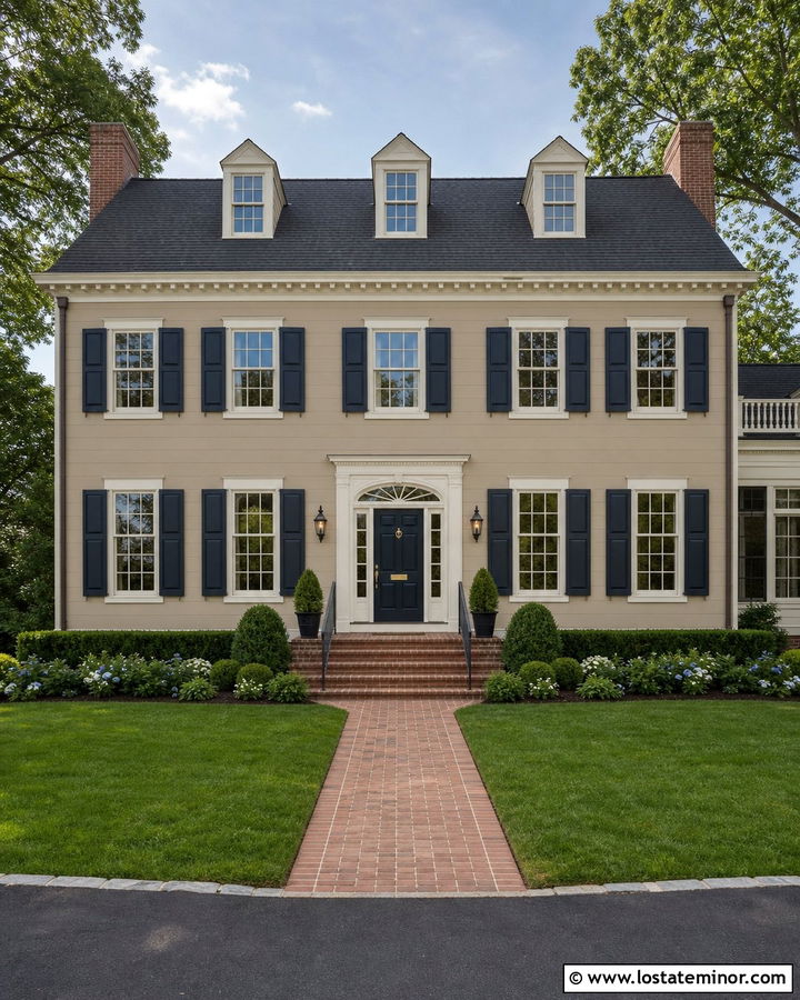 Tan Georgian House With Deep Blue Shutters - 30 Tan House Design With Shutters Ideas