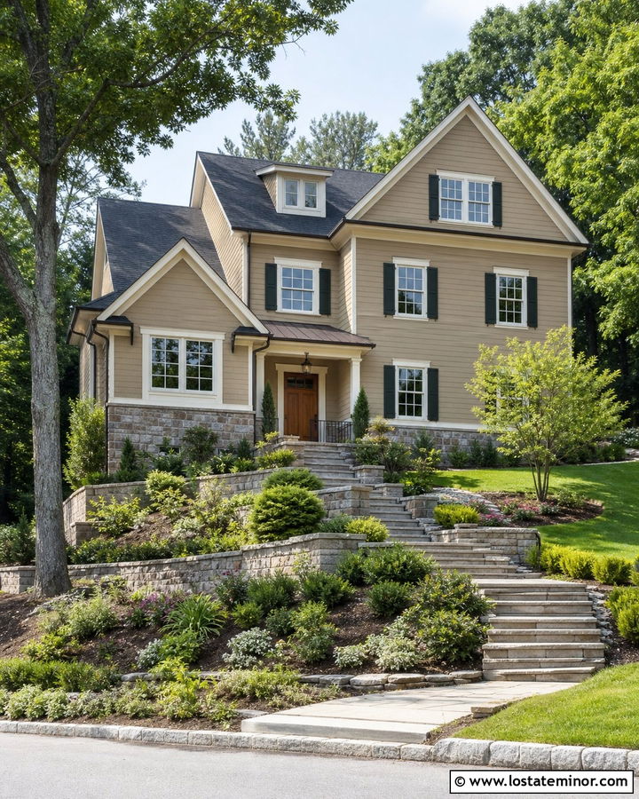 Tan House On A Slope With Terraced Front Garden - 30 Tan House Design With Front Yard Ideas
