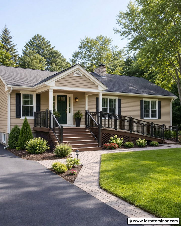 Tan House With Accessible Ramp Deck - 30 Tan House Design With Deck Ideas