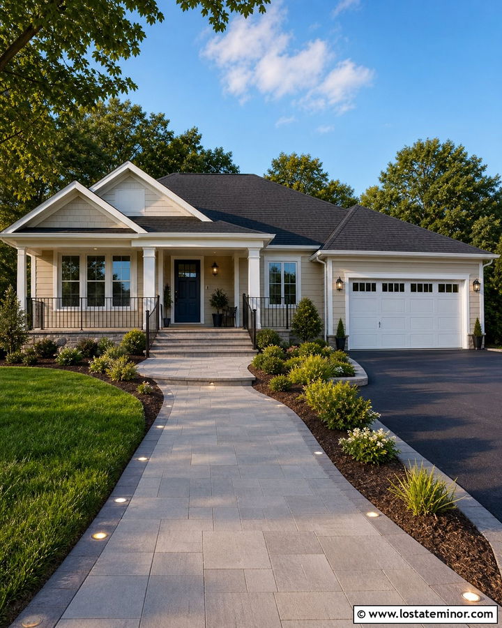 Tan House With Accessible Wide Walkway - 30 Tan House Design With Walkway Ideas