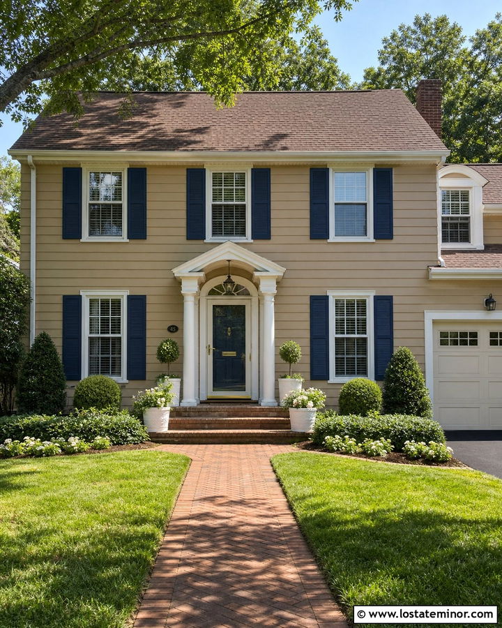 Tan House With Almond Storm Door And Brick Porch - 30 Tan House Design With Storm Door Ideas
