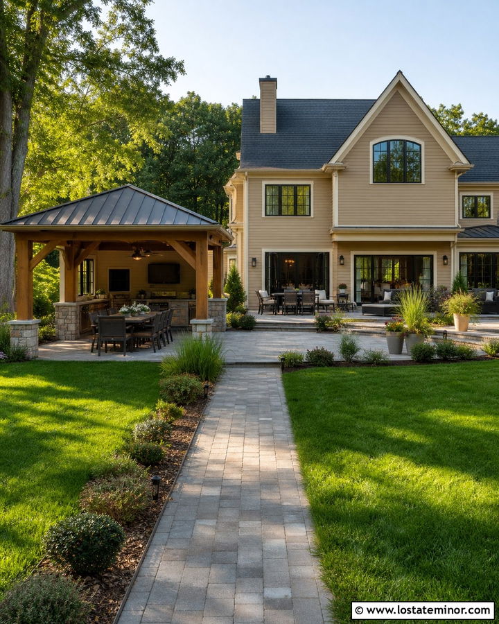 Tan House With Backyard Dining Pavilion - 30 Tan House Design With Backyard Ideas