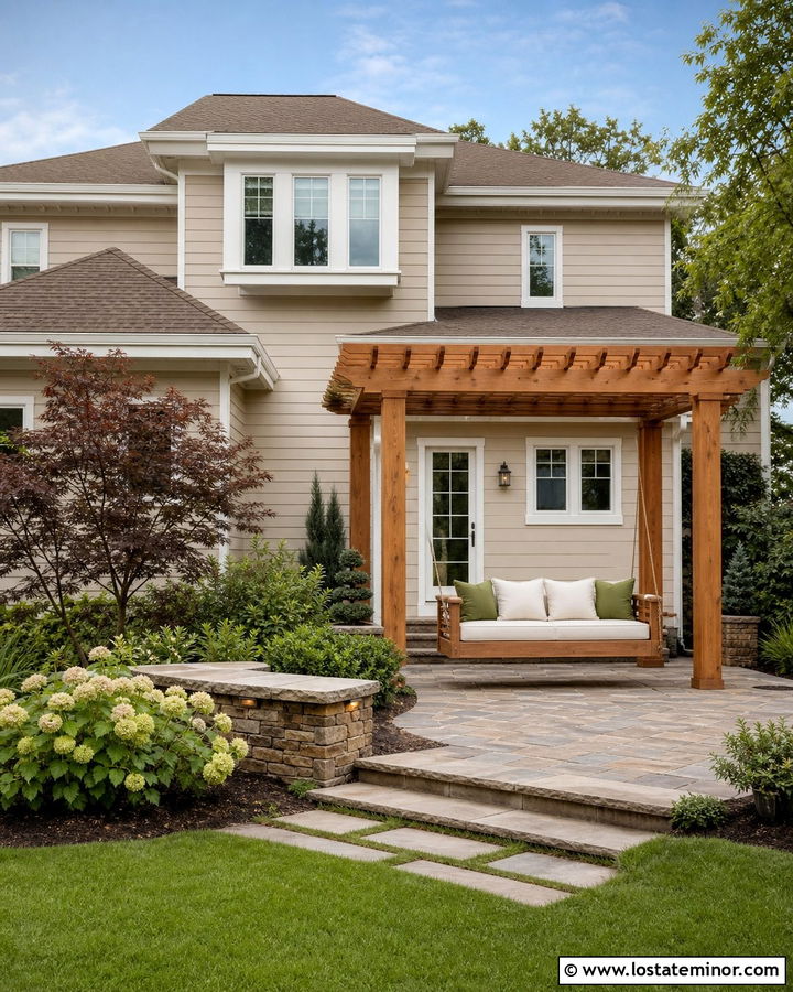 Tan House With Backyard Pergola Swing - 30 Tan House Design With Swing Ideas