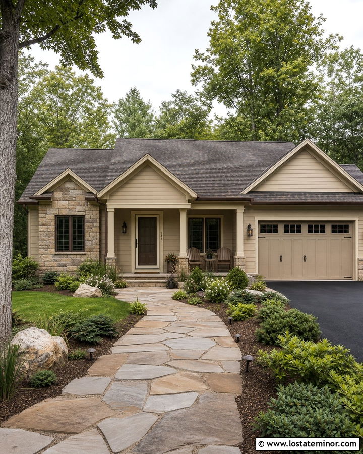 Tan House With Beige Storm Door And Natural Stone - 30 Tan House Design With Storm Door Ideas