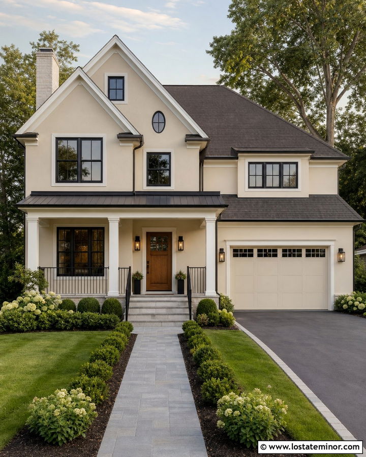 Tan House With Black Cage Lights - 30 Tan House Design With Light Fixtures Ideas