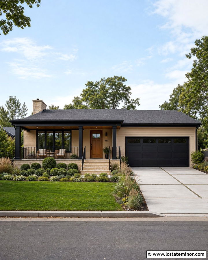 Tan House With Black Columns And Wood Door - 30 Tan House Design With Porch Columns Ideas
