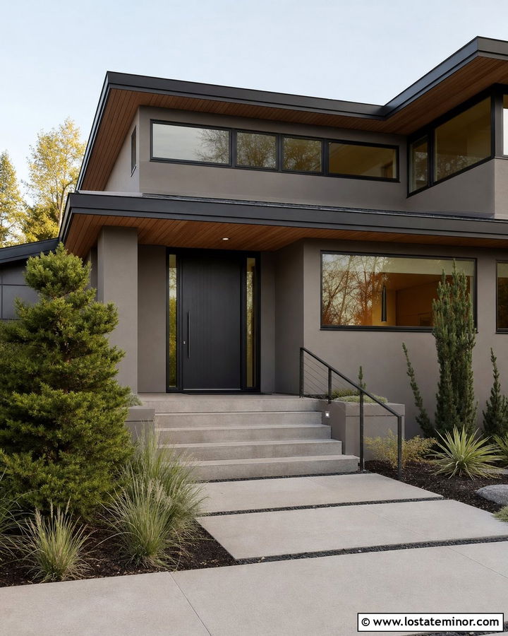 Tan House With Black Door And Concrete Steps - 30 Tan House Design With Steps Ideas