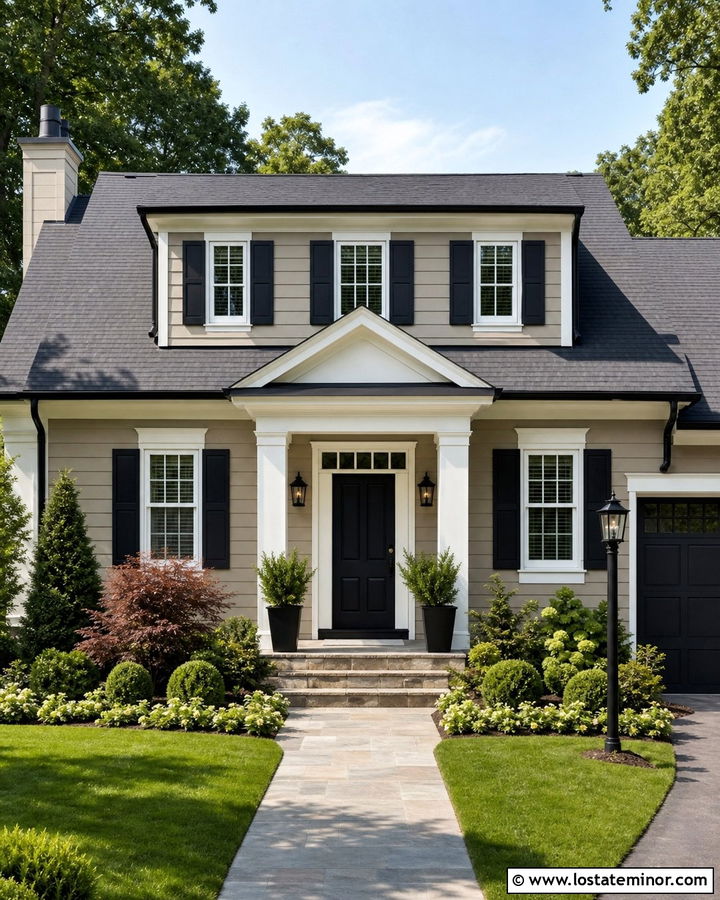 Tan House With Black Door Portico - 30 Tan House Design With Portico Ideas