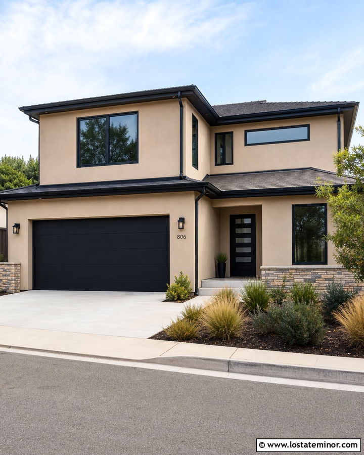 Tan House With Black Garage Door - 30 Tan House Design With Garage Door Ideas