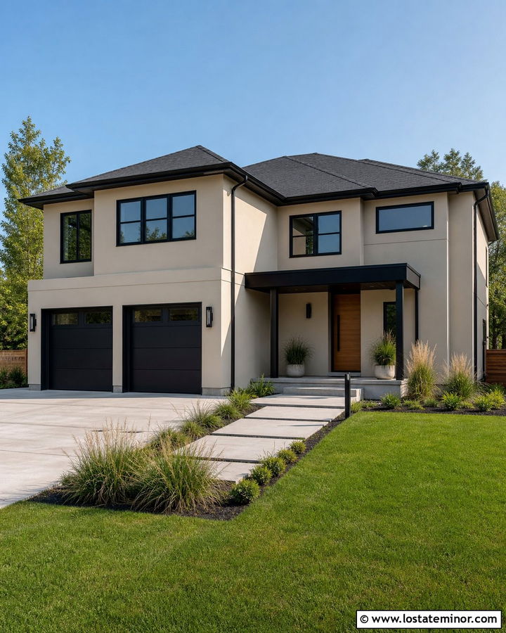Tan House With Black Garage Doors - 30 Tan House Design With Accents Ideas
