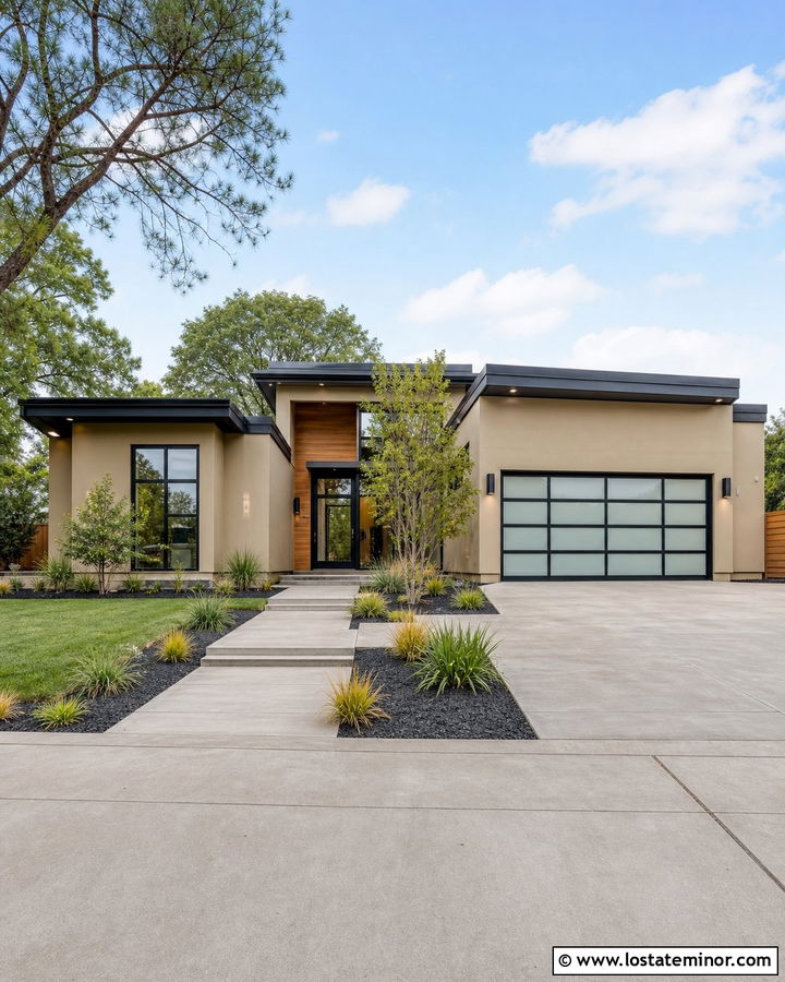 Tan House With Black Glass Garage Door - 30 Tan House Design With Garage Door Ideas
