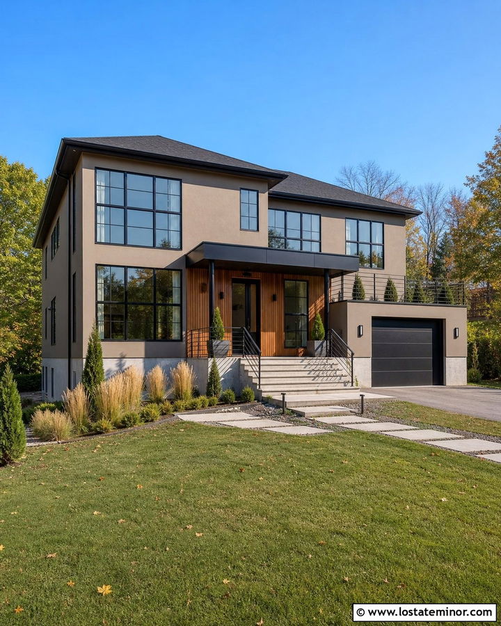 Tan House With Black Grid Windows - 30 Tan House Design With Window Frames Ideas