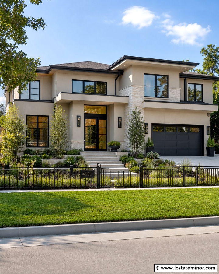 Tan House With Black Metal Fence - 30 Tan House Design With Fence Ideas