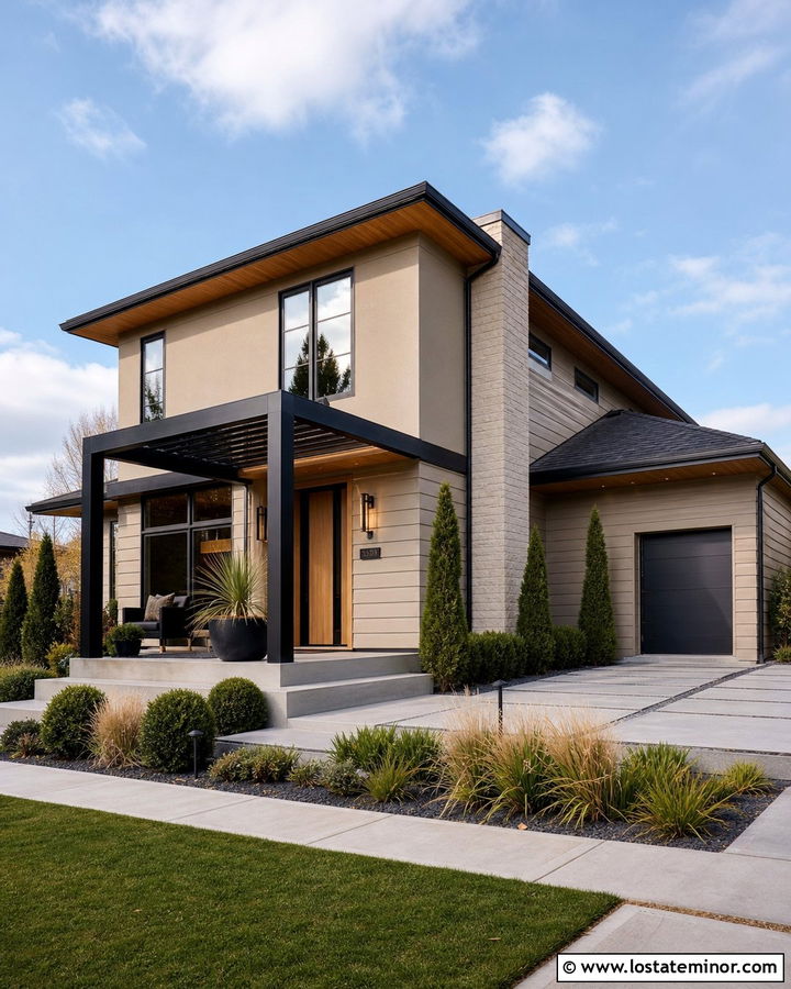 Tan House With Black Metal Pergola - 30 Tan House Design With Pergola Ideas