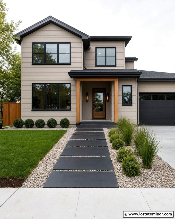 Tan House With Black Paver Walkway - 30 Tan House Design With Walkway Ideas