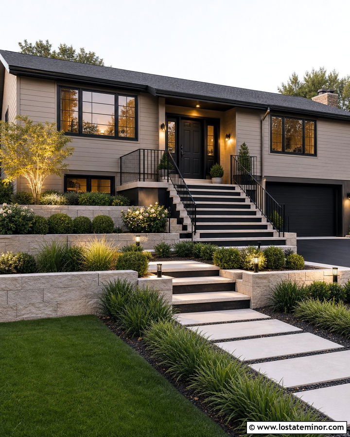 Tan House With Black Risers And Stone Treads - 30 Tan House Design With Steps Ideas