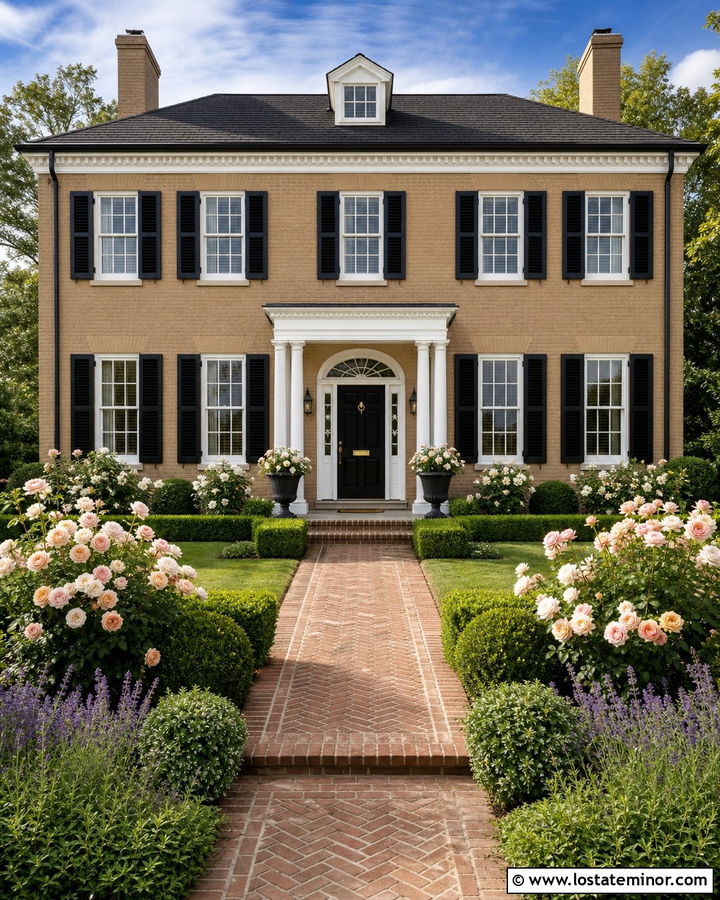 Tan House With Black Shutters And Rose Landscaping - 30 Tan House Design With Landscaping Ideas