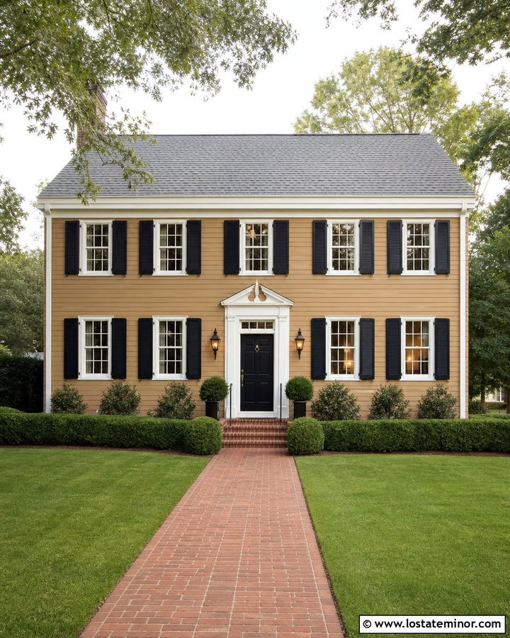 Tan House With Black Shutters And White Trim - 30 Tan House Design With Shutters Ideas