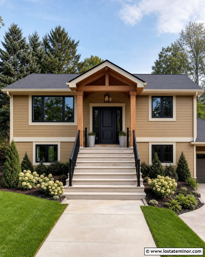 Tan House With Black Stair Railings - 30 Tan House Design With Railings Ideas