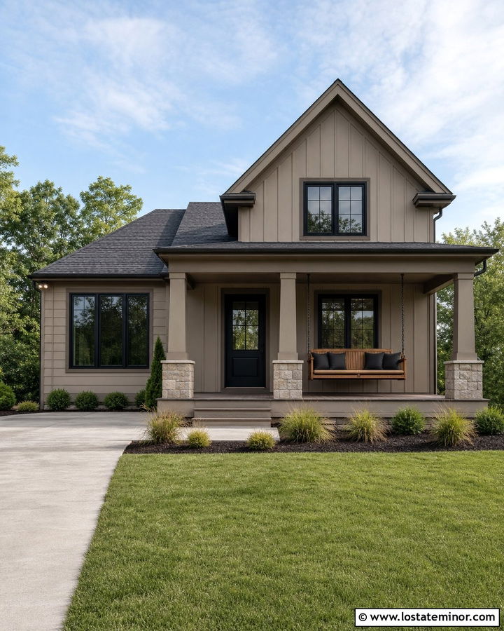 Tan House With Black Trim And Bed Swing - 30 Tan House Design With Swing Ideas